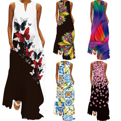 Women's Fashion Summer Casual Print V-Neck Sexy Sleeveless Dresses Long