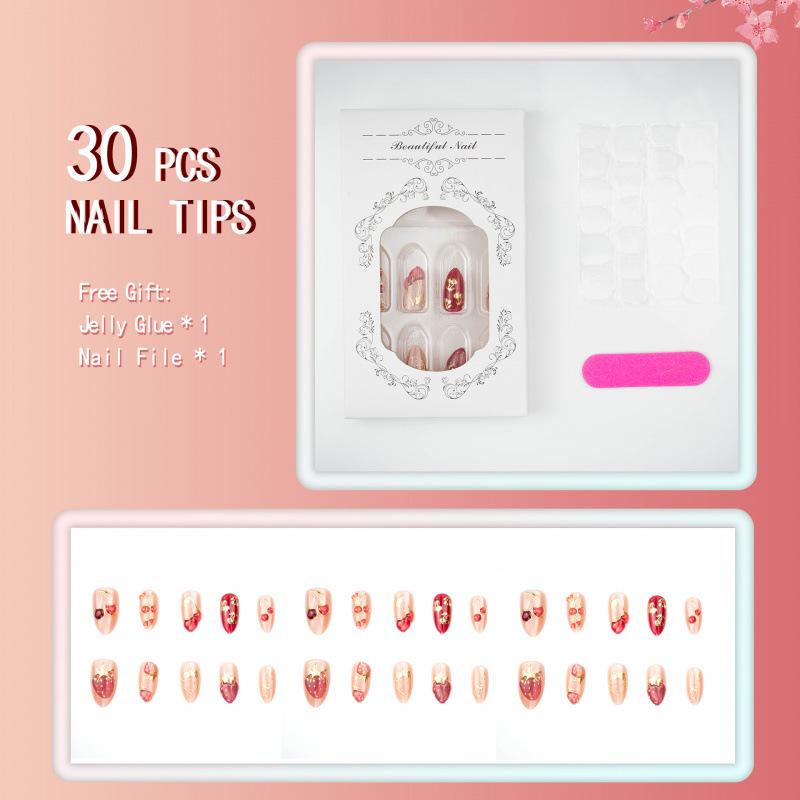 30Pcs Gold-Plated Ultra-Short Almond Strawberry Cat Eye Nail Tips
