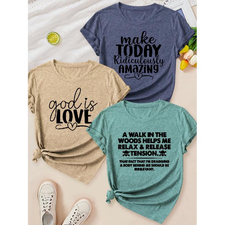 Elegant women s clothing gift with printed personalized slogan pattern, round neck, suitable for spring, summer, and autumn3Set of short-sleeved S