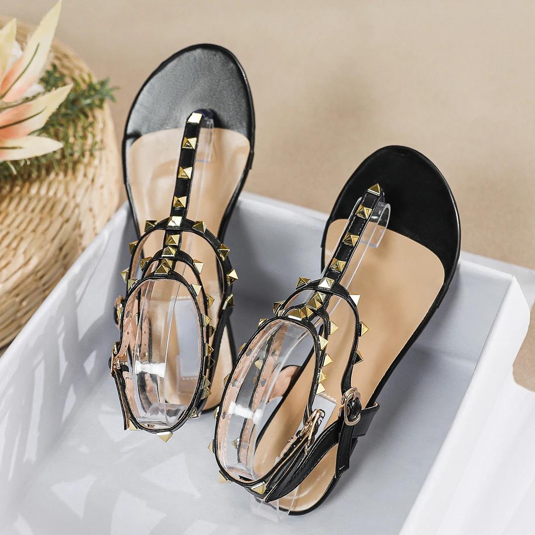 

Fashion 2025 new summer outdoor women s flat sandals British style Ladies Casual Roman Flats Stylish rivet design work and party 41-43 35 чёрный