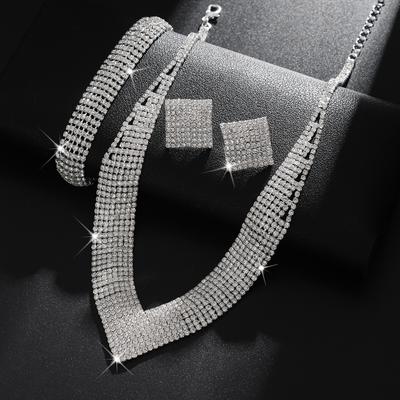 Atmospheric Rhinestones, Silver-plated Bride Jewelry, Necklace, Stud Earrings, Bracelet Set, Dress Accessories.