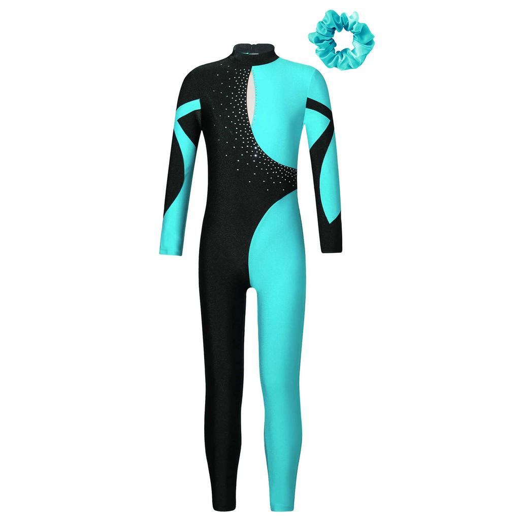 Girls Long Sleeve Stand Collar Shiny Rhinestone Contrast Color Hollow Back Dance Jumpsuit Hair Band