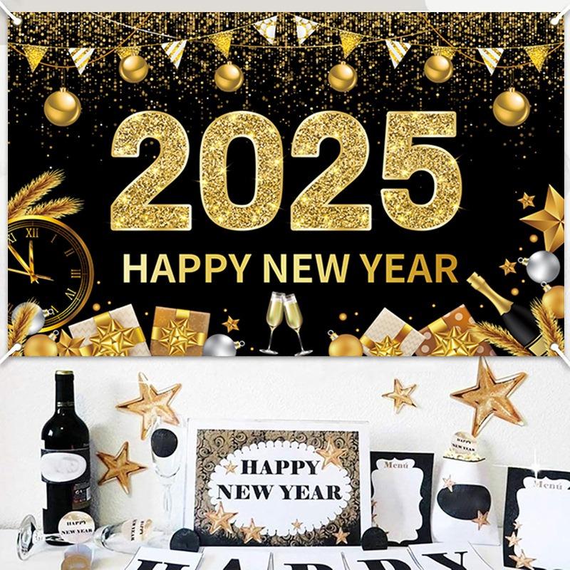 2025 Happy New Year Background Gold Black Hanging Flag Countdown Party Champagne Wine Glass Banner New Year's Eve Scene Decors