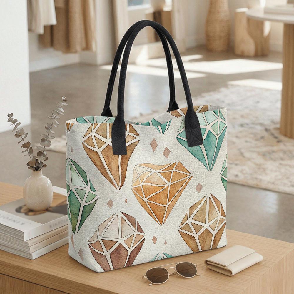  Watercolor Diamond Pattern Tote Bag Casual Large Capacity Shoulder Handbag for Daily Use