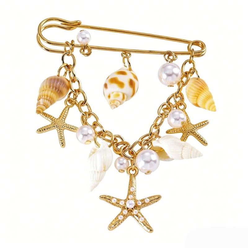Lovely Beach Themed Alloy Brooch Featuring Shell And Starfish Decorative Chain Chest Flower For Casual Wear