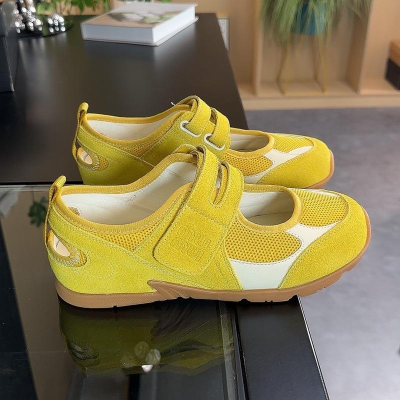 Sheepskin version yellow shoes mesh Mary Jane shoes summer new Velcro shallow mouth round head single shoes