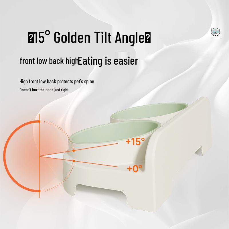 Eco-friendly Double Cat Bowl with Slanted Design - Protects Cervical Spine and Prevents Overturning, Suitable for Food and Water.
