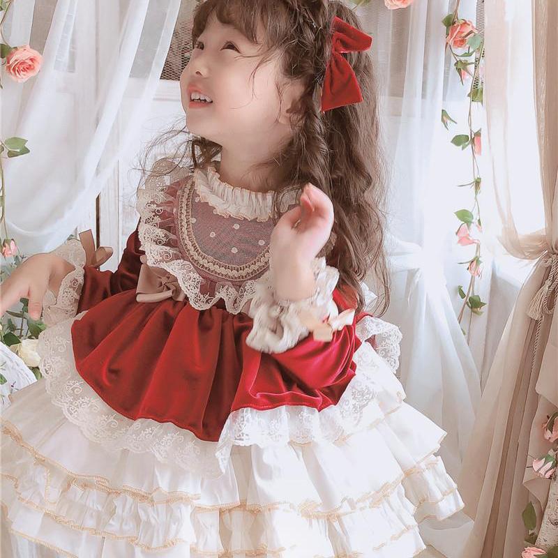 Vestido de Princesa Lolita de Renda de Veludo para Menina Bebê Criança Vintage Elegante Laço Tutu Vestido Natal Bebê