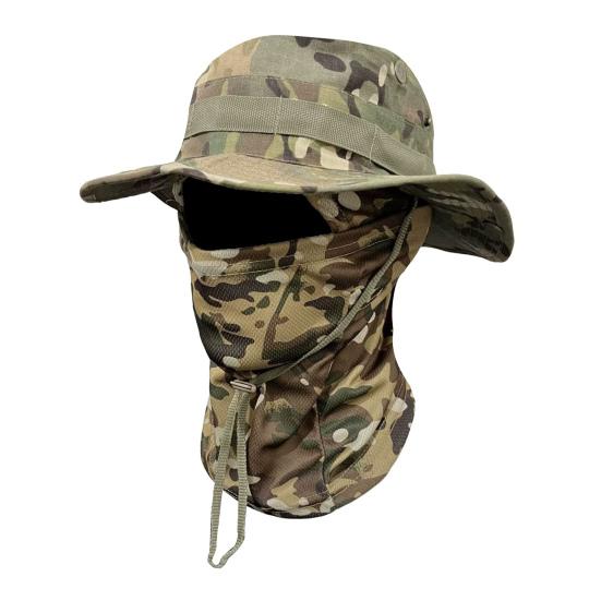 Camouflage Sonnenhut mit Sturmhaube Gesichtsmaske, UV-Schutz Herren Hut mit breiter Krempe, Atmungsaktiver Fischerhut für Outdoor Angeln Wandern Radfahren