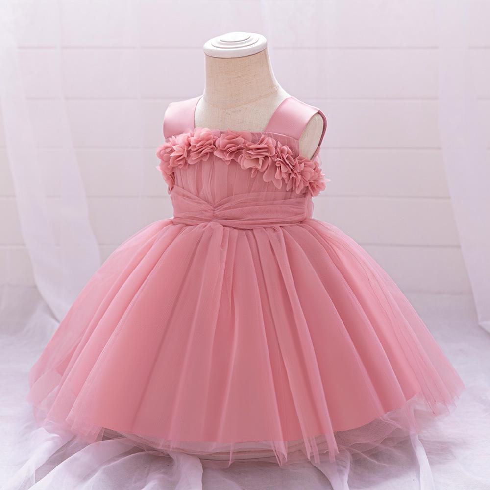 2024 Girls' Princess Dress with 3D Floral Mesh - Perfect for First Birthday