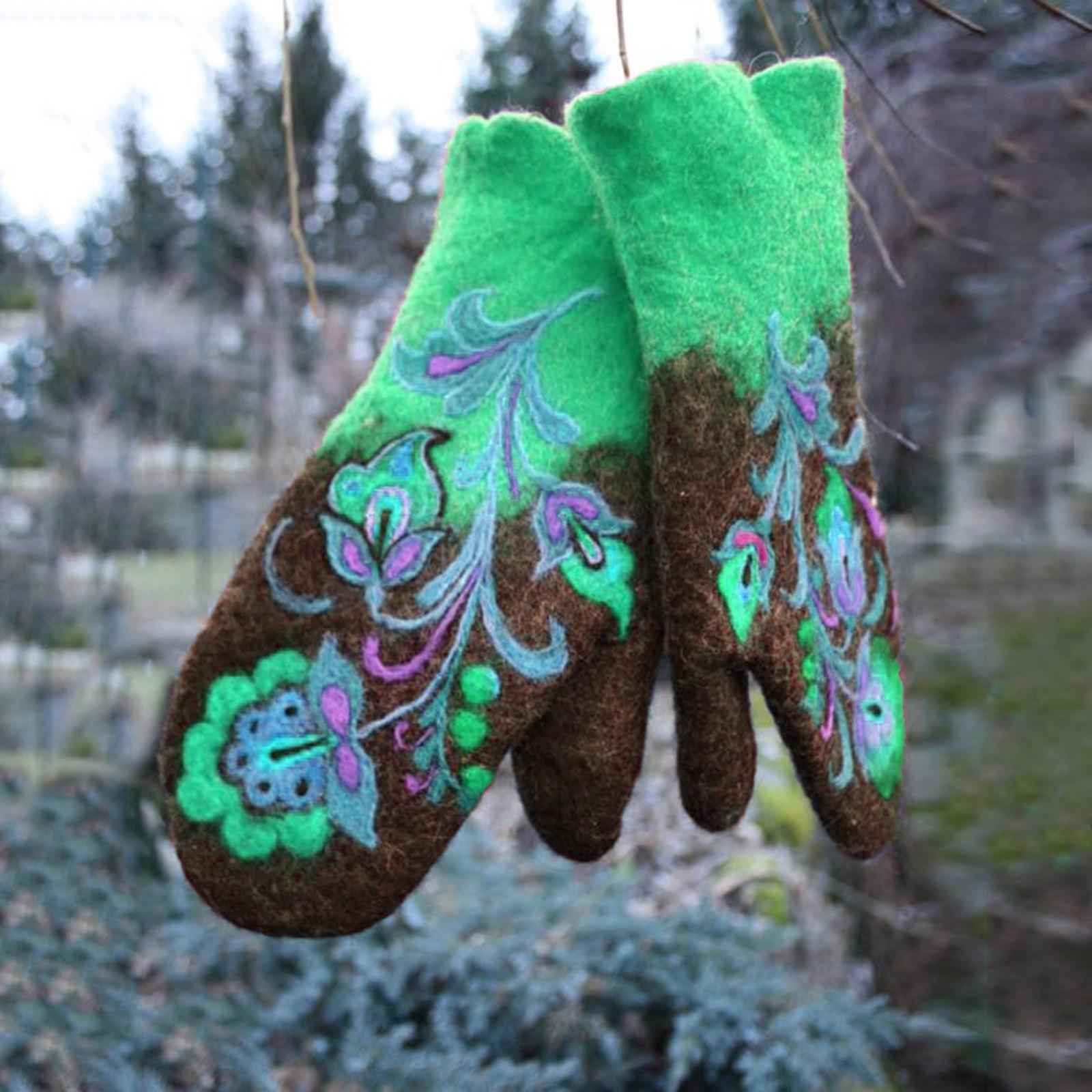 

Женские разноцветные вышитые перчатки Зимние рождественские варежки Теплые перчатки зелёный