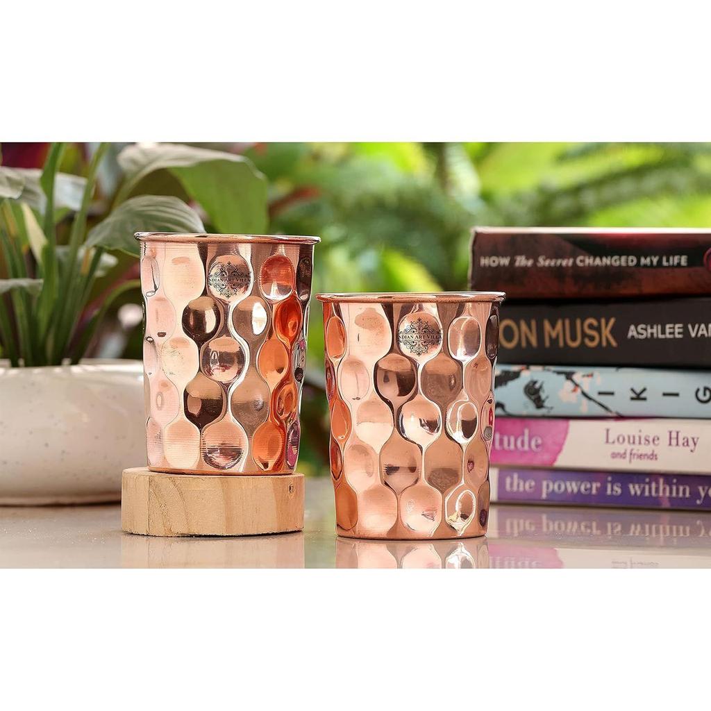 Pure Copper Plain Glass with Diamond Hammered Design, Drinking Serving Water, Yoga Ayurveda, Volume-300 Ml, Pack of 2