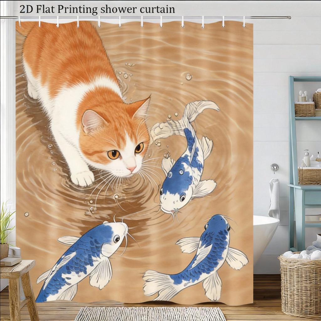 Vintage Cat Shower Curtain 180X180Cm – With Koi Fish In Abstract Water Design, Unique Bathroom Decor, 12 Hooks