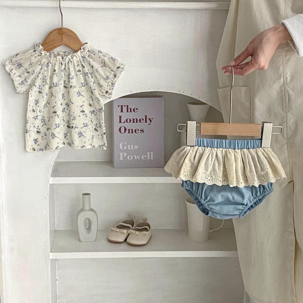 Charmantes 2024 Sommer Baby Mädchen Blumenmuster Kurzarm Bluse Und Rüschenshorts Outfit Set Für 1 Bis 3 Jahre