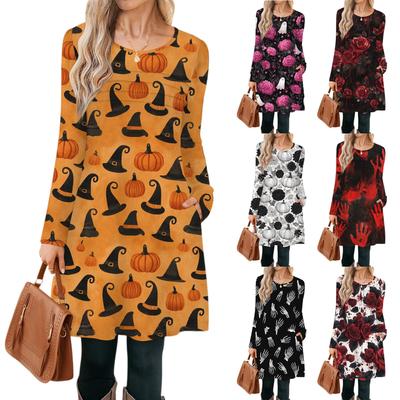 Robes décontractées pour femmes à manches longues et imprimées graphiques d'Halloween, style vintage avec poches