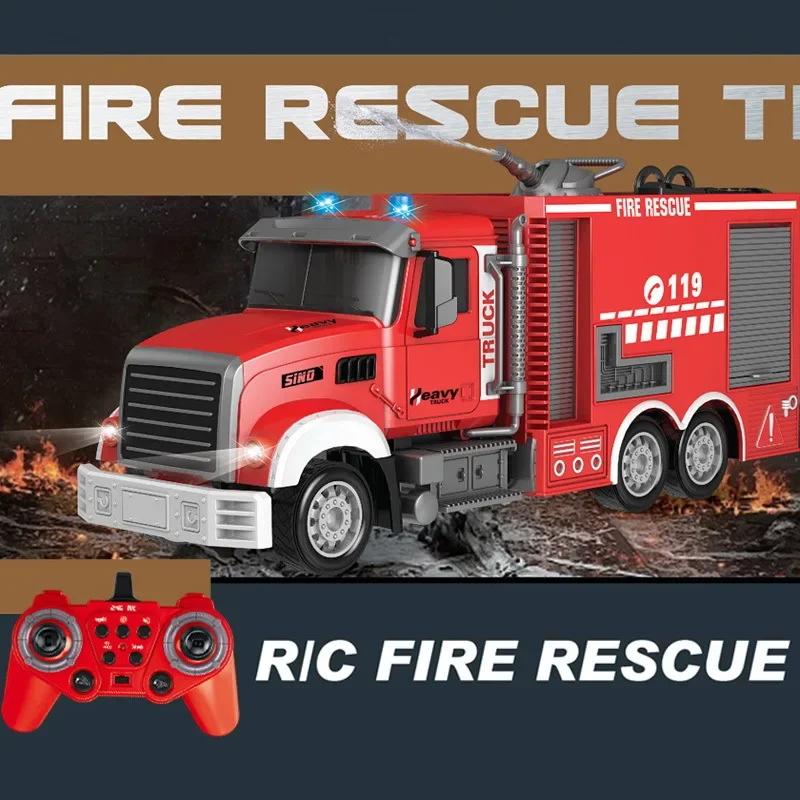 Rc Truck 2.4G 11Ch Radio Controlled Ladder Fire Car Simulated Engineering Vehicle Water Cannon Spraying Fire Engine Toys Boys