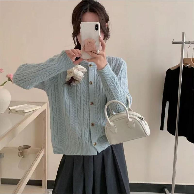 New twist texture woven round neck single-breasted simple long-sleeved loose-knit cardigan for women