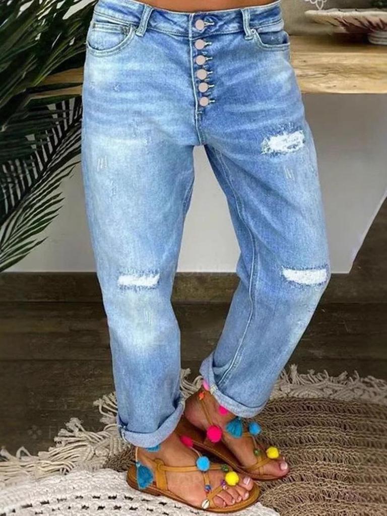 2025 Women's Blue Ripped Loose Straight-Leg Jeans: European & American Style, Washed Casual Long Pants