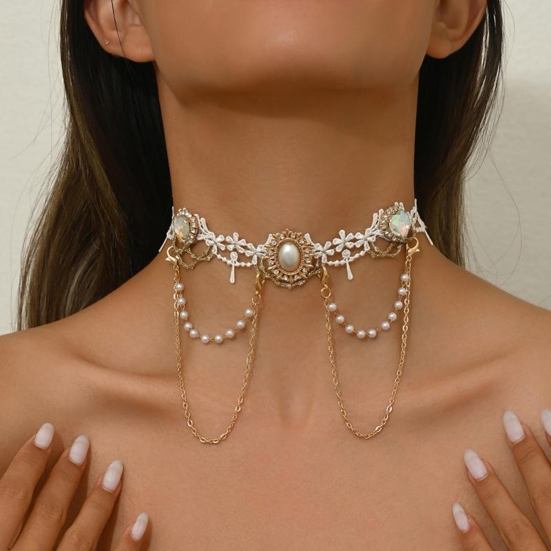 Stylish White Lace Collar Necklace Polyester Alloy Pearls Collarbone Chain Jewelry For Retro Look Any Occasion