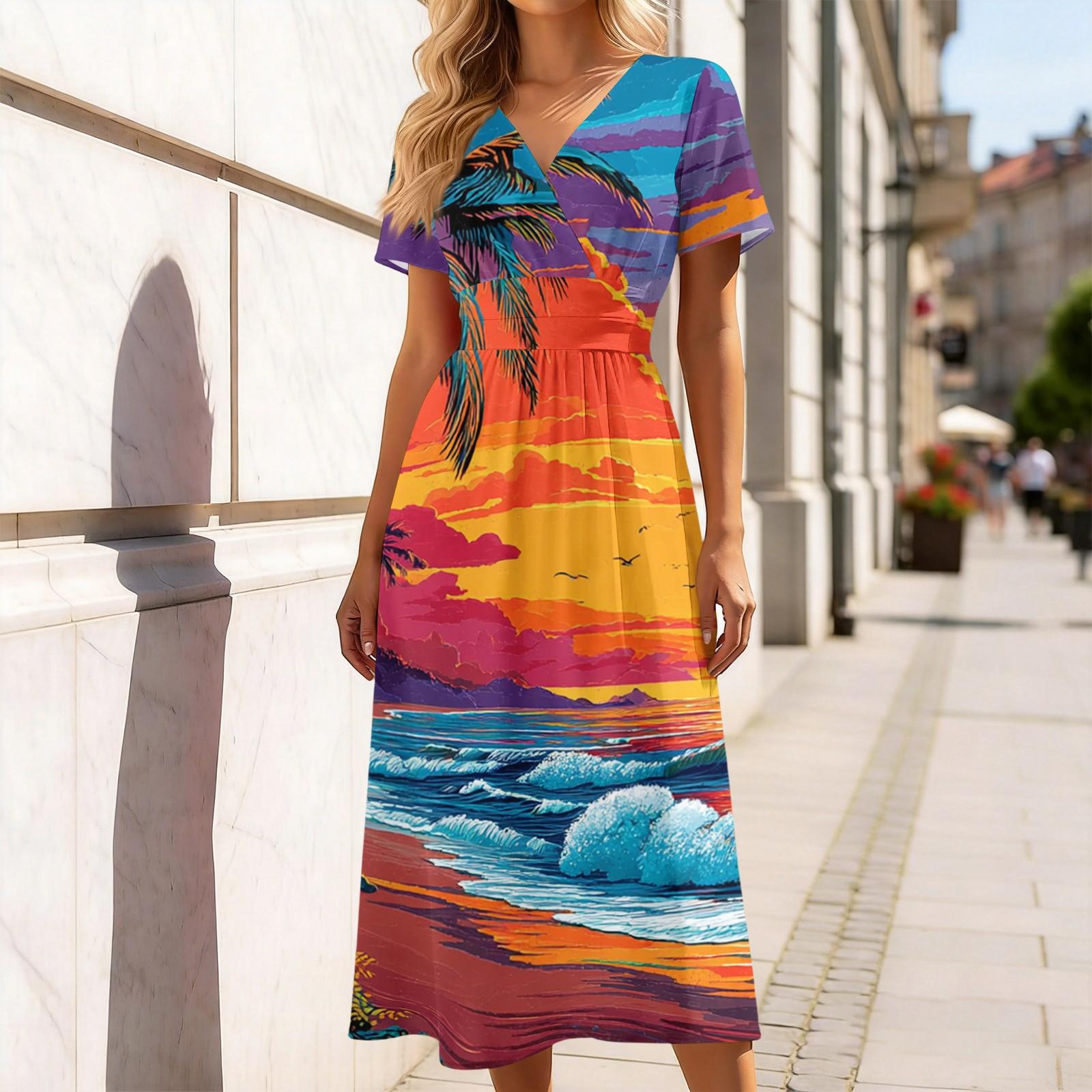 

Women V Neck Short Sleeve Casual Dress Hawaiian Print Midi Length Summer Beach Dress with Elastic Waist and Flowing Skirt for Everyday Wear XL