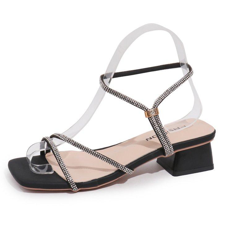 Elegant Square Toe Medium Heel Woman's Sandals Women Summer 2026 Luxury Rhinestore Strap Sandals Plus Size