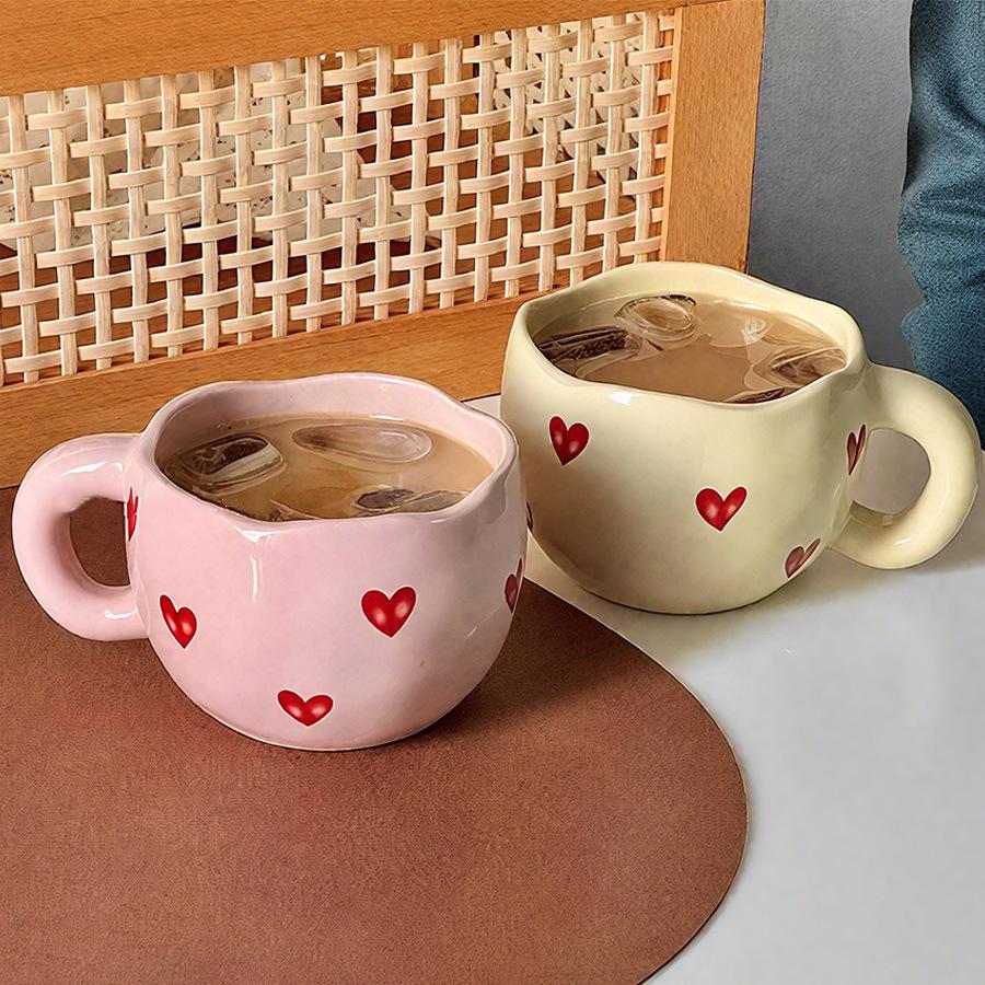 Romantic Heart Print Ceramic Mug Adorable Heat-resistant Coffee Milk Tea Cup for Home Office Ideal Birthday Gift