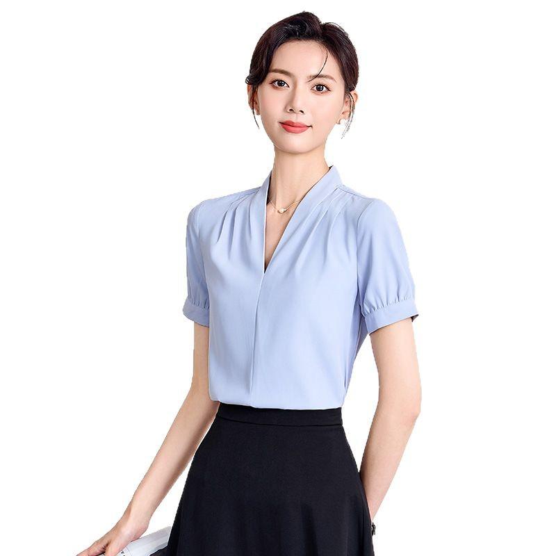 Women's Short-Sleeve V-Neck White Chiffon Blouse - Professional Summer Formal Wear