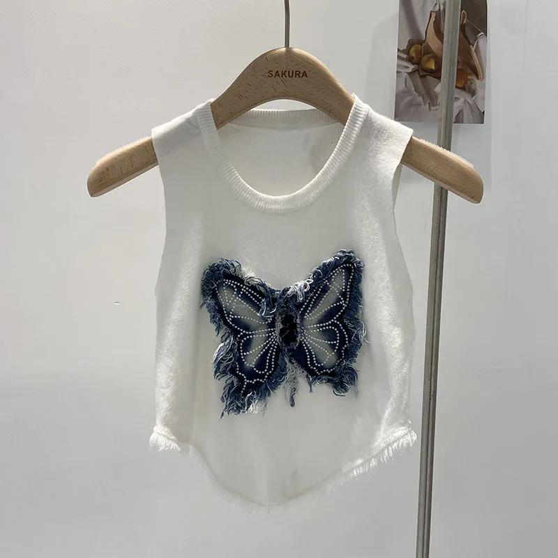 WTEMPO American Retro Butterfly Knitted Vests Women's Spring Summer Tassel Short Slim Fit Large Size Sleevelesss Tops