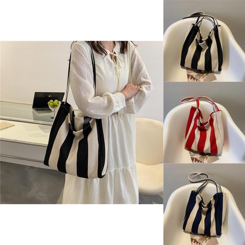Stylish Urban Stripe Canvas Tote Bag Large Capacity Summer Shoulder Bag For Women 2022