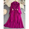 Chic Elegant Lapel A- Line Pleated Large Swing Dress