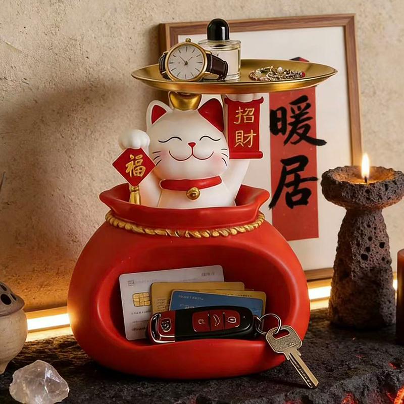 Creative Lucky Cat Storage Tray Decoration Cute Kitten Key Storage Box Home Office Desktop Decoration Ornament Gift for Friends