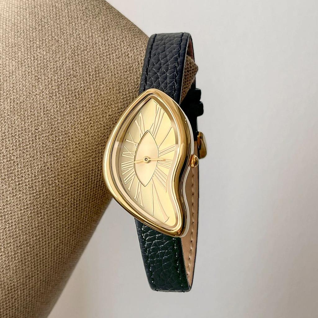 High End Retro Creative Watch for Women,Twisted Irregular Dial Design,Fashionable Leather Waterproof Quartz Women Watches Gift