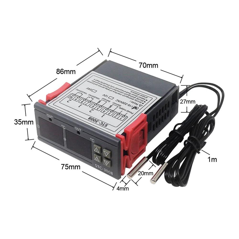 Dual Digital Temperature Controller Thermostat Thermoregulator Incubator Relay LED 12V24V 220V Heater Cooler Dual Probe STC-3008