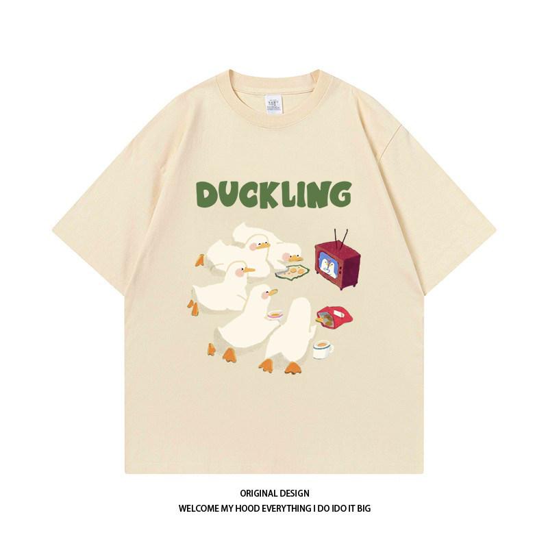 Pure Cotton Fun Tv Watching Duck Printed Couples Identical Style Streetappropriate Loose Retro Shortsleeved Tshirt