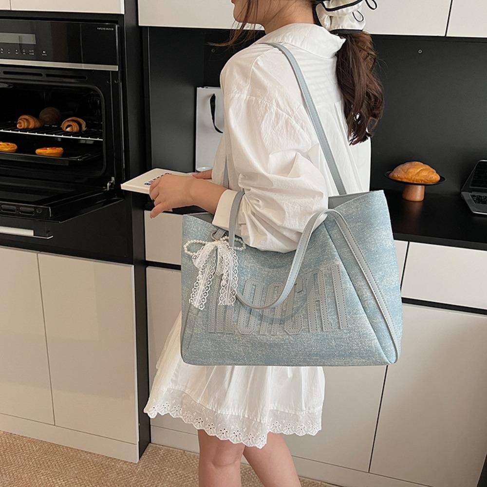 Large Capacity Versatile Trendy Bag Women's 2025 Summer Denim Tote Bag Casual Commuter Shoulder Bag