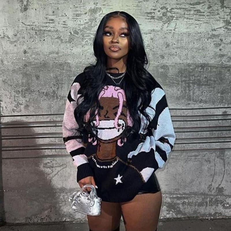 Women's Loose Pullover Sweater 2023 Fashion Design Casual Round Neck Knitted Sweater Coat Autumn Wear Inner Long Sleeve Top Y2k