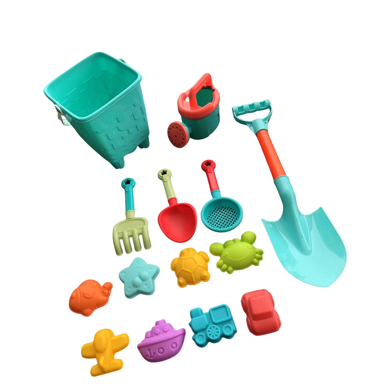 

Набор пляжных игрушек из 14/16 предметов для детей с ведром, лейкой, лопаткой, граблями и формами морских животных для творческой игры с песком светло-серый
