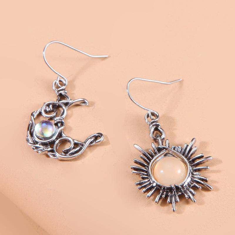 Retro Sun Moon Moonstone Geometric Hollow Asymmetrical Earrings