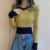 Women's V-neck Sweater Spring Autumn Long-sleeved Knitted Cropped Top Sweater Color-block Pullover Jumper