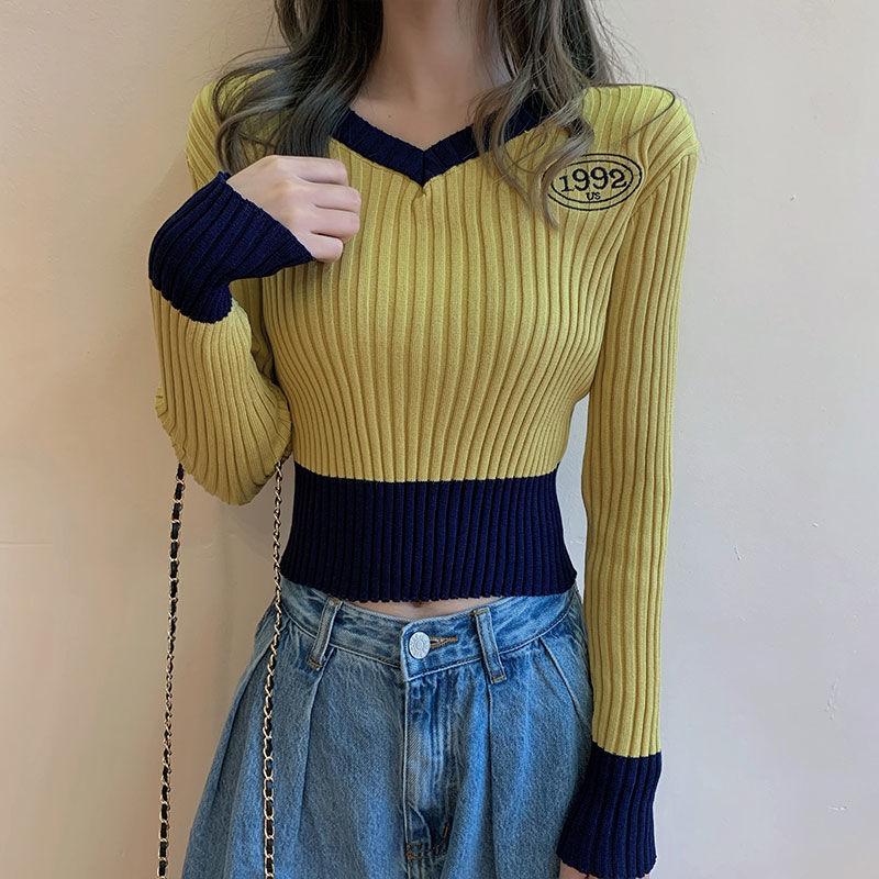 Women's V-neck Sweater Spring Autumn Long-sleeved Knitted Cropped Top Sweater Color-block Pullover Jumper