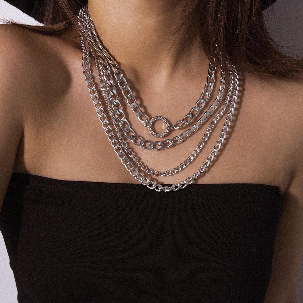 Exaggerated Punk Trend Multi-Layer Necklace, Fashionable Diamond-Encrusted Circle Thick Chain Necklace Women