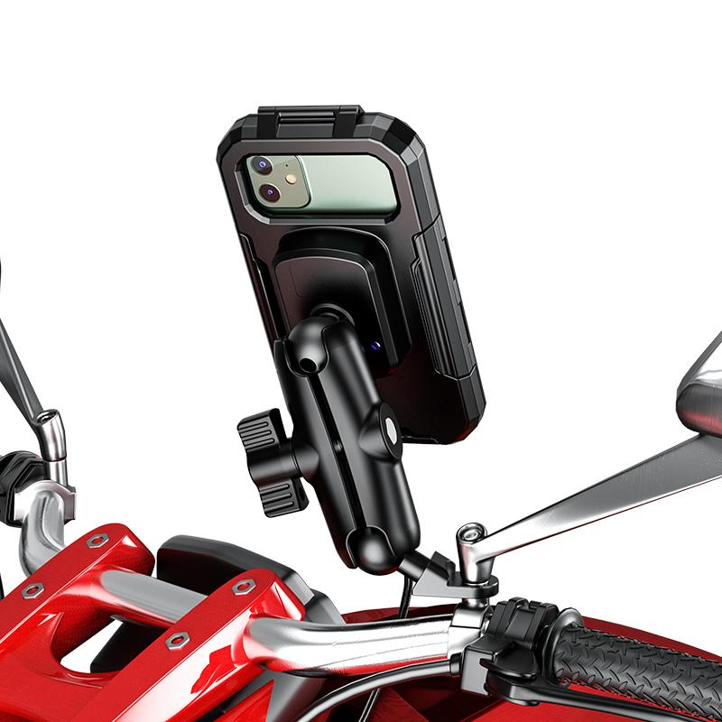 Motorcycle Phone Holder Waterproof Case Bike Phone Mount 1" Ball Handlebar Stem Mobile Holder Double Socket Arms Aluminium Base