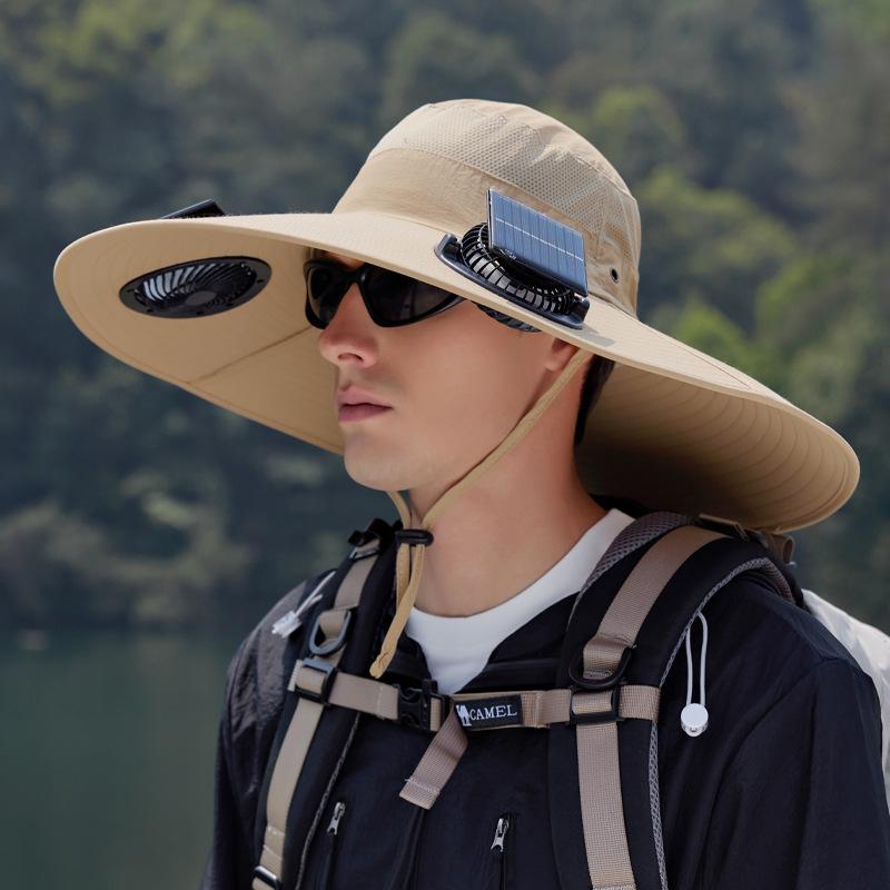 Wide Brim Solar Fan Outdoor Fishing Hat-Solar & USB Charging, Outdoor Sun Hat with Solar Fan with 2 Solar Fan