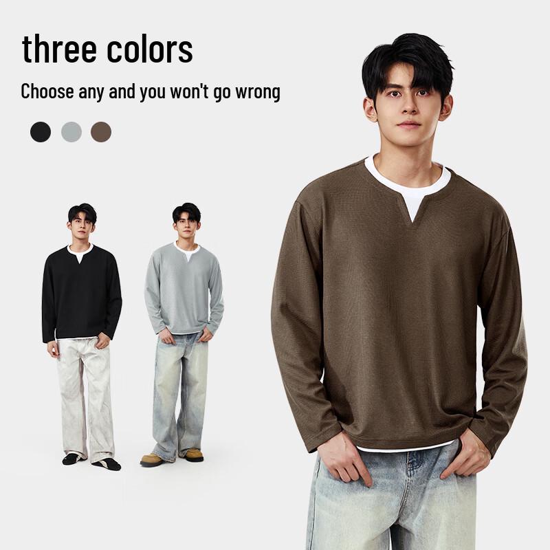 Baleno Men's Waffle Knit Faux Two-Piece Long Sleeve T-Shirt