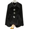 Black Collar  Waist Cinched  Pleated Shirt Women's Large Metal Button Commuting Long Sleeved Chic Top