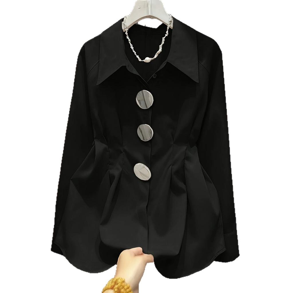 Black Collar Waist Cinched Pleated Shirt Women's Large Metal Button Commuting Long Sleeved Chic Top