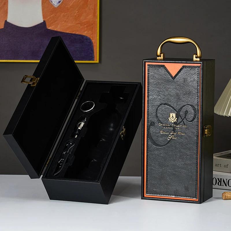 Single/Double Leather Box Wine Bottle Box Luxury Handle Wooden Organizer Gift Wood Wine Holder for 2 Red Wine Packaging