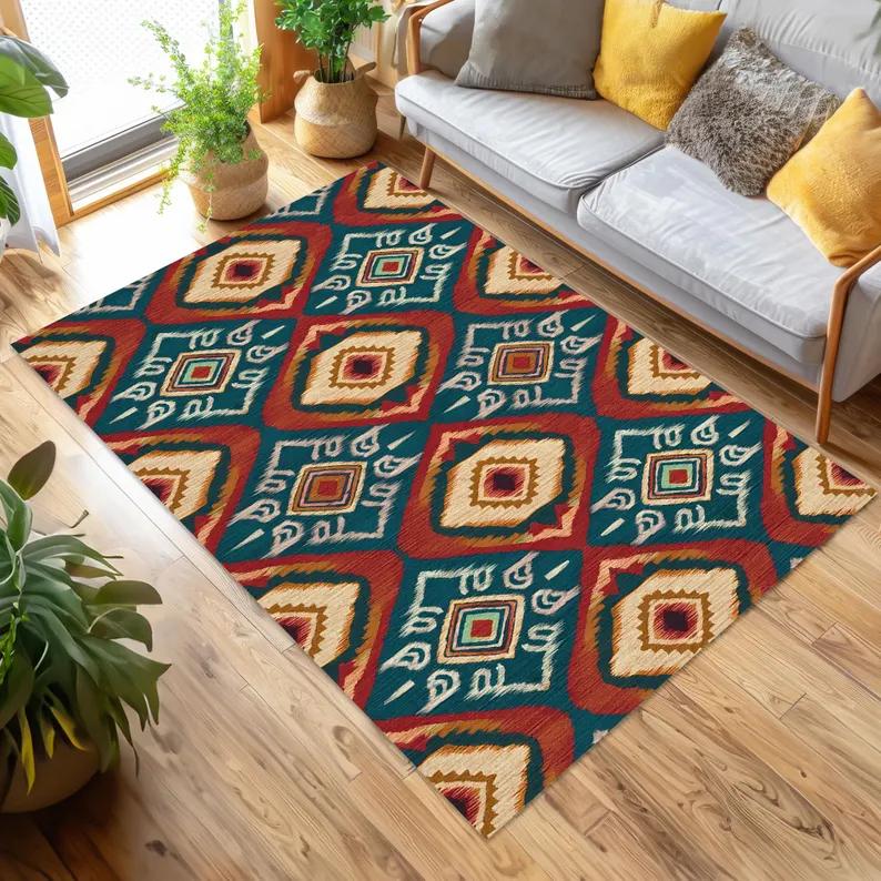 Vibrant Ikat Rug Living Room Rug Bohemian Carpet Colorful Carpet Rectangle Rug,Ethnic Area Rug Geometric Bold Rug Design Carpets