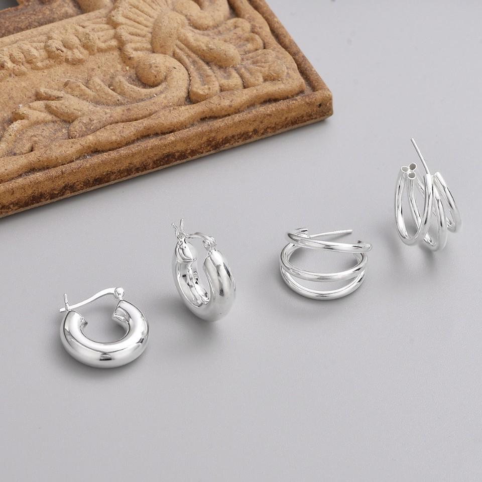 S925 Sterling Silver Crescent Moon & Oval Ear Cuffs – Retro Geometric Earrings for Women