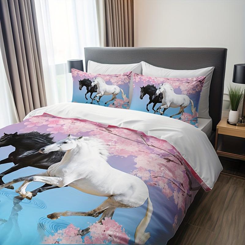 3pcs 3D Horse Floral Duvet Cover Set - Includes 1 Duvet Cover And 2 Pillowcases (No Core) High Definition Print Home